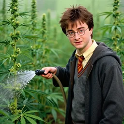 a portrait of daniel radcliffe as harry potter watering a cannabis field with a hose in hogwarts, marijuana plants, realistic face, digital illustration, in the style of greg rutkowski, very detailed, artstation, smooth, cinematic, sharp