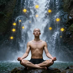 a sage meditates under a waterfall pieces with glowing yelow eyes, as a realistic, torso, art by james jean and greg rutkowski!!, real body proportions, digital art,, golden ratio, perfect composition, trending on artstation, 8 k