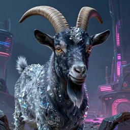 realistic portrait of beautifully crystalized and detailed portrait of a black goat, matte painting of cinematic movie scene, dystopian environment, horror, created by gustave dore and greg rutkowski, high detailed, smooth draw, synthwave neon retro, intricate, realistic proportions, dramatic lighting, trending on artstation, wlop, rossdraws, james jean, andrei riabovitchev, marc simonetti, and sakimichan, trending on artstation