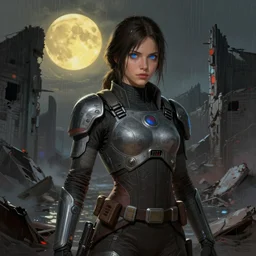 A portrait of a blue eye girl, ruins of a destroyed city and a yellow-red moon on background, techwear, Sith, battle worn, night, rainy atmosphere, natural volumetric light, intricate, highly detailed, digital painting, concept art, sharp focus, illustration, Star Wars art, art by greg rutkowski, matte painting, trending on artstation