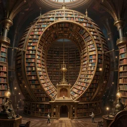 beautiful painting of an intricate infinite library, steampunk library