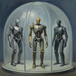 three brutalist robotic seers watchers oracles soothsayers inside a dome, pj crook, grant wood, edward hopper, syd mead, oil on canvas