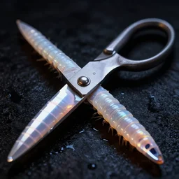macro, wet iridescent translucent segmented worm made of scissors, night , ultra detailed, octane rendering, defined, smooth colors, cel shading, ultra realistic, dramatic lighting, wet, shiny, unreal engine 5, hyper reallistic, octane render, 8k, bold, hyperrealistic, photorealistic