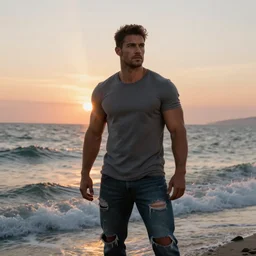 a very muscular and defined man wearing ripped pants and shirt looking to the sea at sunset, godrays, complementary colors, natural lighting, portait image, path tracing, serene landscape, high quality, highly detailed, 8K, soft colors, warm colors, turbulent sea, high coherence, anatomically correct, hyperrealistic, concept art, defined face, five fingers, front view