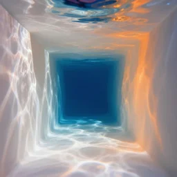 mesmerizing hyperrealistic underwater photo of very beautiful white wall with beautiful contrast of light and shadow, orange to blue gradient, front elevation, optical illusion, in focus,
