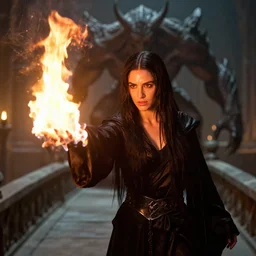 epic photo of young demi moore as beautiful wizard wearing a black satin robe and metal belt in lord of the rings with long straight black hair fighting the terrifying monstrous balrog on a stone bridge, casting a fire spell, sweaty, detailed eyes, neutral expression, shallow depth of field, photorealistic, cinematic lighting, lovely bokeh, dungeon setting, dark moody light, strong rim light, movie quality, fire light, flames, inferno, lord of the rings 1 9 8 5, movie still