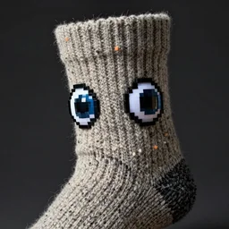 portrait photo of a wool sock with giant eyes, face made from pixels and voxels, extremely high details, realistic, by Giuseppe Arcimboldo, Edward Hopper, Rene Margitte