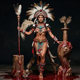 editorial full body photo portrait of beautiful and strong aztec warrior princess souronded with the sacrifice blood, warrior body, feathers and paint, photo by mario testino, cinematic, hyper detailed, micro details, insanely detailed, trending on artstation,dark background, dramatic lighting, cinematic angle, concept art, insanely detailed and intricate