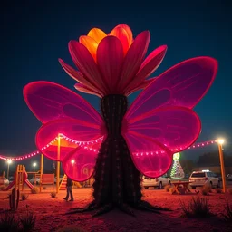 by kay nielsen and kelly mckernan, visually stunning, cinematic, ultra realistic, hyper realism, 1 2 k, epic, octane render, unreal engine, vfx, maya, giant flower as head : a post - apocalyptic kid's playground at night covered by nature, water shaped like a butterfly : a person with a cactus as a head