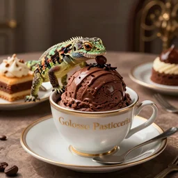 lizard eating a cinematic dramatic lights movie shot of ultra realistic photo of a cup full of sweet goloso pasticceria chocolate ice cream cake with a coffee - praline twist cream bigne in with rich details in luxury cup and plates