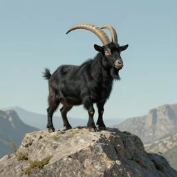 black billy goat in the peak of a granite mountain in avila, cabra montesa, macho cabrio a detailed matte painting by dan mumford, deviantart contest winner, maximalism, 2 d game art, detailed painting, physically based rendering