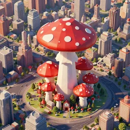 matte 3 d low poly render of a massive red and white spotted mushroom tower, solarpunk city, lat lighting, highly populated and full of life, isometric aerial view, immense sense of scale, digital art by beeple, trending on artstation