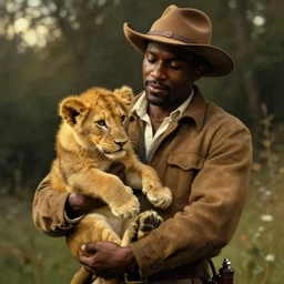 A Black explorer holding a lion cub in his hands artwork by Norman Rockwell, artstation trending, cinematic lighting
