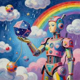 surreal gouache painting, by conrad roset, by kilian eng, by good smile company, incredibly detailed, of floating molecules and a mannequin statue holding an icosahedron with stars, clouds, and rainbows in the background, cgsociety, artstation, modular patterned mechanical costume and headpiece, retrowave atmosphere