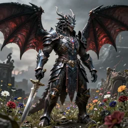 hyperrealistic neo - gothic cinematic armored dragon holding sword in a field of flowers, highly detailed video game concept art masterpiece, vitaly bulgarov dramatic low light, ground angle uhd 8 k, sharp focus