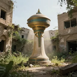 teleportation machine in an abandoned city, forgotten and overgrown with plants, light shining from the machine, style of ancient egyptian