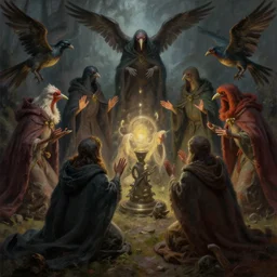 masterful fantastic realist painting of the enchanted summoning rituals of unusual moody birds wearing cloaks, digital painting trending on artstation, dynamic lighting, hyperrealistic, octane render