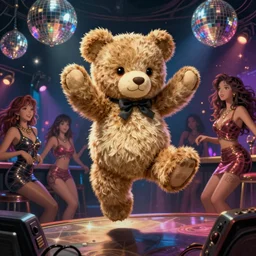 lab to create teddy bear wildly crazily jumping hyper at night club, with sexy women, disco lighting, darkly playful color scheme, intricate details, matte painting, illustration, by hayao miyazaki
