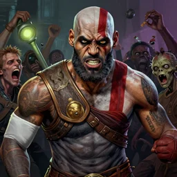a detailed digital art portait of angry zombie lebron james as kratos in a mosh pit, art by norman rockwell
