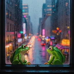 a ultra photorealistic film still trough a raincovered window on a rainy but colourful day in new york. sparkling lights, wide shot, frog perspective, ultra sharp, wes anderson, studio ghibli, pixar and disney animation, octane render, anime key art by greg rutkowski, bloom, dramatic lighting