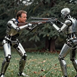 rudy giuliani in terminator t - 9 0 0, cybernetic arms and legs, cybernetic body, cyborgs, metal robots, shotguns directed by wes anderson, cinestill 8 0 0 t, 1 9 8 0 s movie still, film grain