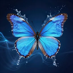 a blue butterfly with water splashing on it's wings, a hologram by benoit b. mandelbrot, shutterstock contest winner, magic realism, quantum wavetracing, creative commons attribution, behance hd