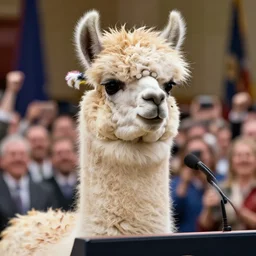 4 k highly detailed llama with a toupee on its head giving a presidential speech in front of a cheering crowd