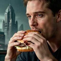 edward cullen eating a hamburger super details, hyperrealist, cinematic style, giger towers on background