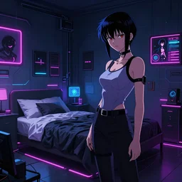 screenshot of a detective's bedroom, cyberpunk neon - noir woman's bedroom, from the anime anime anime film ergo proxy, ghost in the shell anime film, trending on artstation