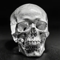 A photograph of a crystal skull. Film Noir. High Contrast. Black and White.