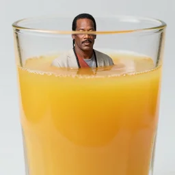 ( miniature of real life o j simpson ) floating in [ inside a glass of orange juice ] blend mix hybrid
