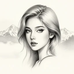 tattoo design sketch of a beautiful woman face faded with a background of beautiful mountains and nature, hyper - realistic, in the style of den yakovlev, amazing detail, black and white