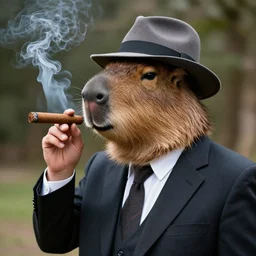 smoking cigar, a man wearing a suit capybara head wearing a hat (smoking cigar)