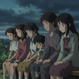 a family with sorrow faces sitting on a bench, dramatic sky, close up shot, anime style, Greg Rutkowski, dramatic lighting