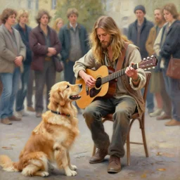 oil painting of a young man with long hair blond and a beard hippie style with his golden retrever dog playing guitar in the square for money, people watching around, by greg rutkowski, artstation