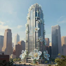 a beautiful detailed painting of building architecture skyscraper city industrial architecture urbex by cesar pelli, cgsociety liberty city retrowave made of glass flowers lightpaint sunlight extraterrestial, archdaily, wallpaper, highly detailed, trending on artstation.