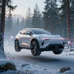 futuristic levitating suv designed by apple with a laser cannons drifting through tundra forest art by greg rutkowski and paul ozzimo, epic fantasy sci - fi volumetric light clear focus detailed unreal engine digital art trending on artstation deviantart octane render,