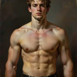the ultimate gigachad, incredibly muscular man with chiseled jawline, trending on /r/moreplatesmoredates, oil on canvas artstation by J. C. Leyendecker and Edmund Blair Leighton and Charlie Bowater octane render