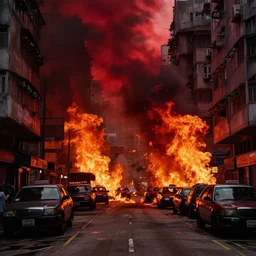 dirty, dark, streets of hong kong, huge fires flaming through the streets, blood red sky