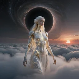 biblical beautiful female druid android, bright glowing veins, in clouds, in front of a black hole, sunset, supernova, by gerald brom, by peter elson, muted colors, extreme detail, reflections, trending on artstation, 8 k