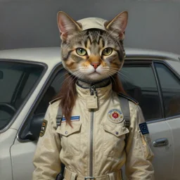 epic professional digital art of female human - cat hybrid animal wearing air force jumpsuit, humanoid car head, cat ears, painting, by leesha hannigan, iris van herpen, artstation, cgsociety, wlop, epic, much wow, much detail, gorgeous, detailed, cinematic, masterpiece