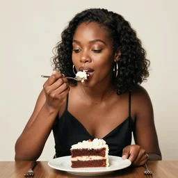 black woman eating a slice of cake, award - winning photograph
