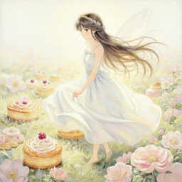 fairy princess of pastry hills. gouache painting by award - winning mangaka, chiaroscuro, bloom, backlighting, intricate details