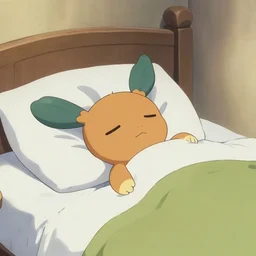 sleepy piplup in bed, ready to start the day, in the style of ken sugimori, bedroom, soft lighting, calm