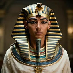 An egyptian pharaoh as The American Psycho, cinematic still, staring intensely, dramatic moment