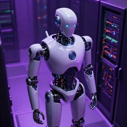 hyperrealistic medium shot robot cyborg in wires data center server! by stanley kubrick highly detailed concept art zdzisław beksinski william gibson westworld hbo cinematic low purple lighting high angle hd 8 k sharp shallow depth of field