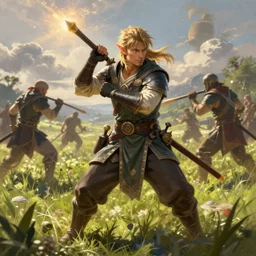 A fantasy portrait painting of a halfling fighter prepared for battle on a beautiful meadow, DAZ, hyperrealistic, ambient light, dynamic light, trending on artstation, d&d, RPG portrait