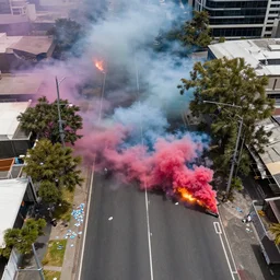 post - apocalyptic brisbane streets covered in colorful smoke, burning scooters, discarded face masks, explosions, hyperrealistic, gritty, damaged, drone photography, photorealistic, high details
