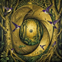 M. C. Escher time machine, lush forest painted by tom bagshaw, mobius, mucha M. C. Escher, gold paint, ink, purple hummingbirds, gnarly details