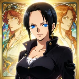 highly detailed vfx portrait of nico robin by eiichiro oda, makoto shinkai, alphonse mucha, sharp focus, art by artgerm and greg rutkowski!, backlit, harsh overhead sunlight, has blue eyes!!, has aquiline nose!!, wears black, stanley kybric, kaoru mori, hyper detailed, smooth pixiv, fanbox,